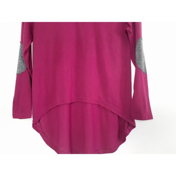 Silver Sequin Elbow Patch Fuchsia Hi-Low Hem Long Sleeve Top Size Medium - Picture 5 of 11